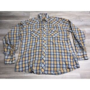 Vintage Youngbloods L Pearl Snap Plaid Cowboy Authentic Western Shirt Blue Tan